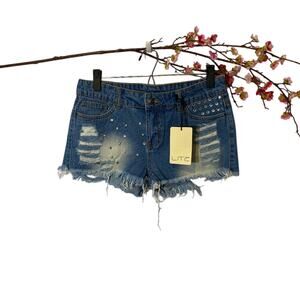 Litz Blue Cut Off Fringe Distressed Jeweled Casual Denim Jean Shorts Sz M